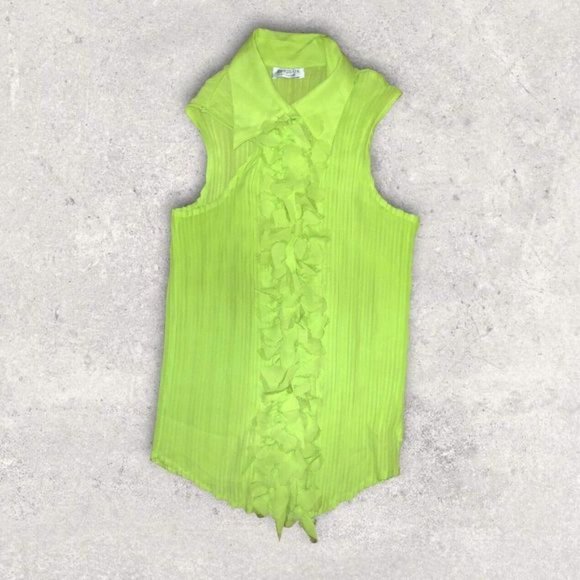 Dress U II by Sharon Blouse Flutter Button Front Accordion Pleat Neon Green 1X - Picture 1 of 5